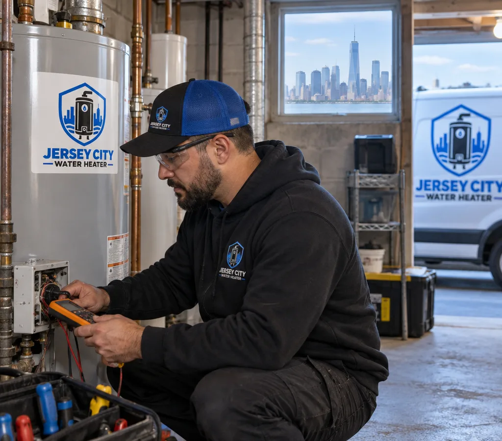 Technician inspecting a residential water heater in a Jersey City utility space