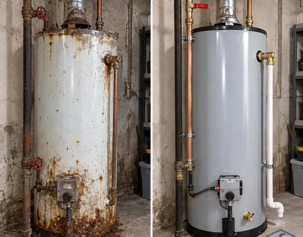 Before and after view of a corroded tank water heater replaced with a clean new installation