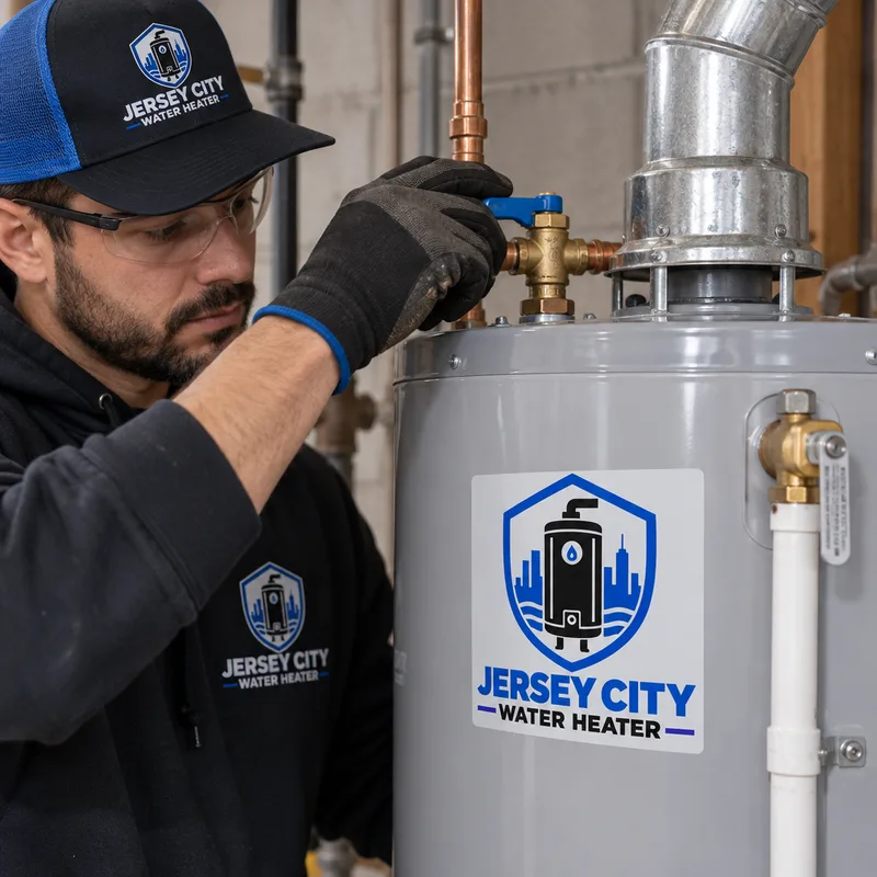 Close-up of a newly installed tank water heater with clean shutoff, relief piping, and utility connections