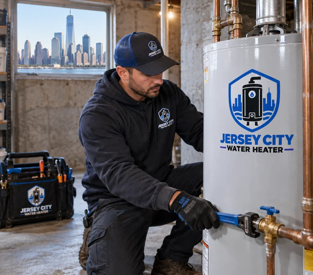 Plumber installing a standard tank water heater in a Jersey City utility space with tidy new piping