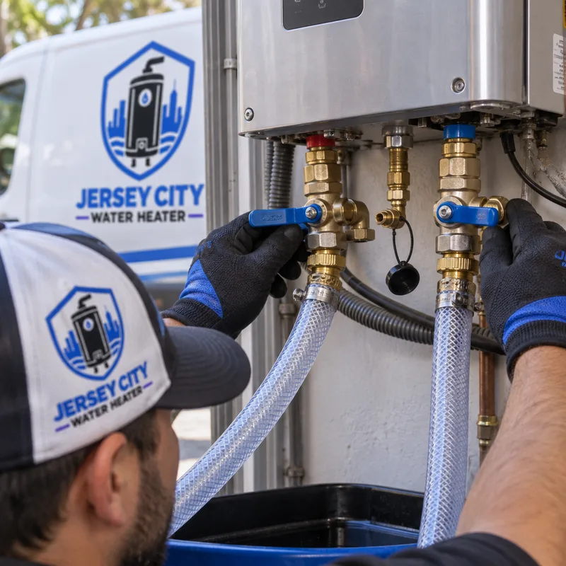 Tankless isolation valves and service ports with hoses connected for a water heater flushing service
