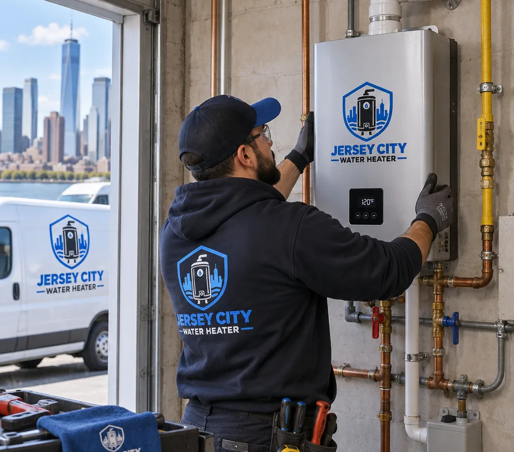 Technician mounting a wall-hung tankless water heater in a Jersey City utility room with gas line, isolation valves, condensate drain, and venting
