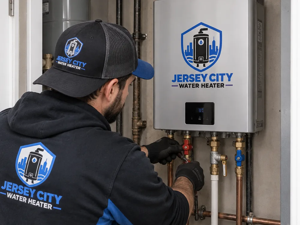 Properly installed tankless water heater with isolation valves, pressure relief discharge line, and routed venting in a compact Jersey City mechanical closet