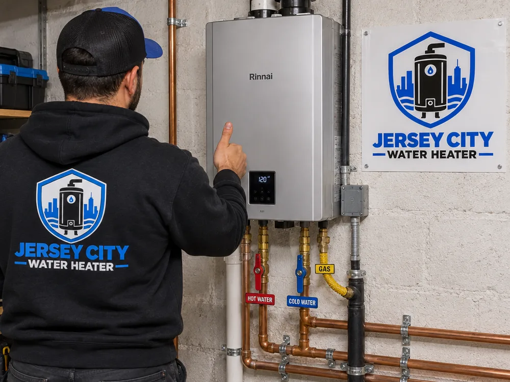 Completed wall-mounted tankless water heater installation with strapped piping, labeled shutoffs, and a clean vent connection in a Jersey City basement