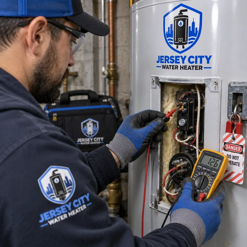 Technician safely testing an electric water heater element and thermostat with a multimeter