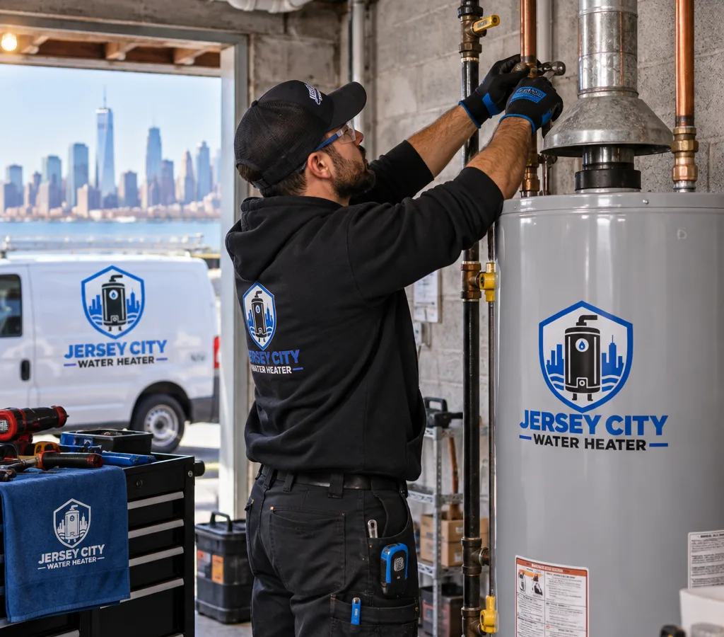 Technician installing a gas water heater with safe venting and clean connections in a Jersey City basement