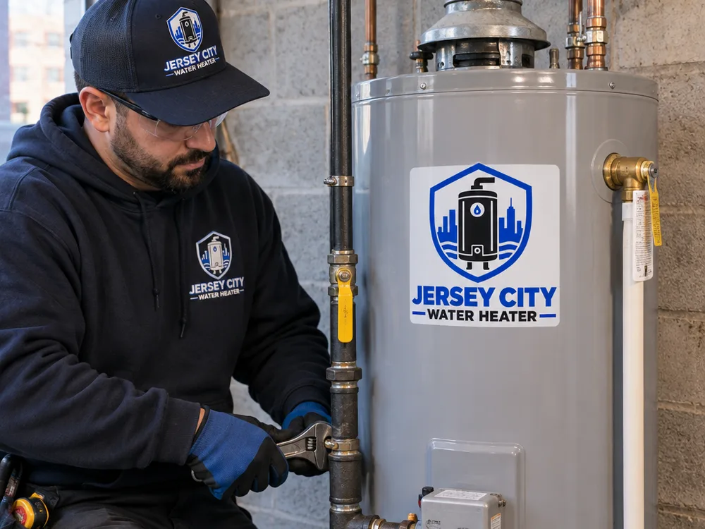Correctly installed gas water heater with vent connector, draft hood, shutoff, sediment trap, and relief piping