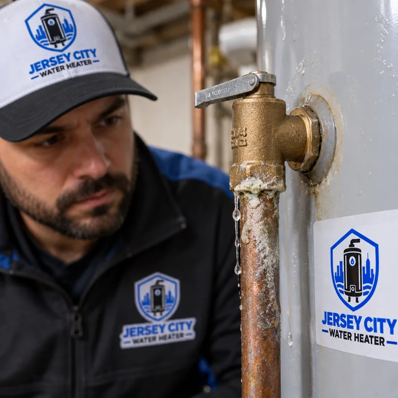 Water heater temperature and pressure relief valve with visible moisture and mineral deposits