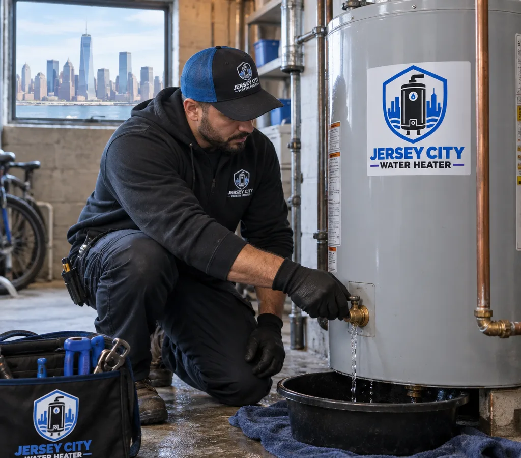 Technician containing a visible water heater leak at a drain valve in a Jersey City utility space