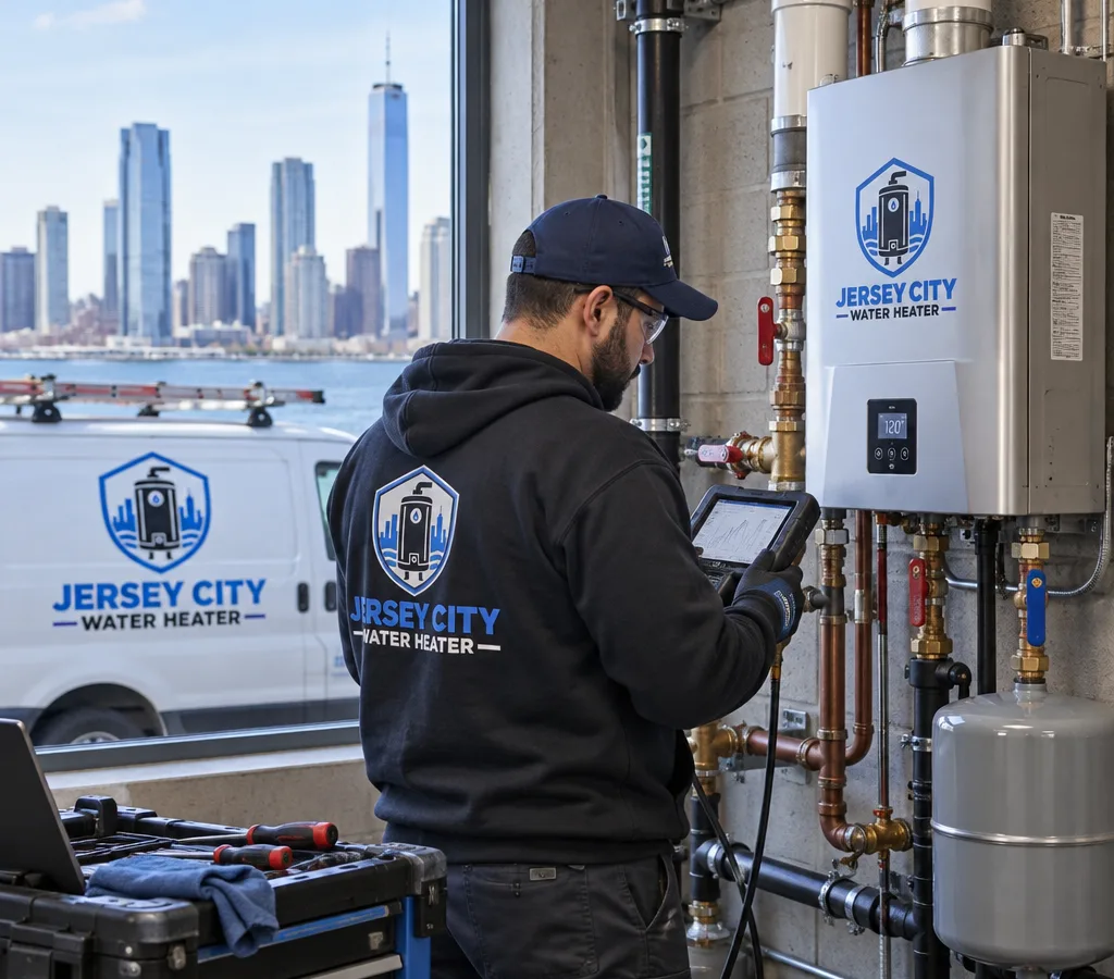 Technician servicing a wall-mounted commercial tankless water heater in a safe mechanical room