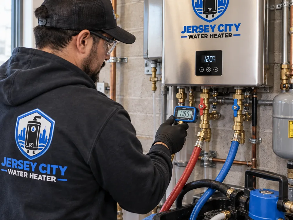 Commercial tankless water heater connected to service hoses for flushing and descaling