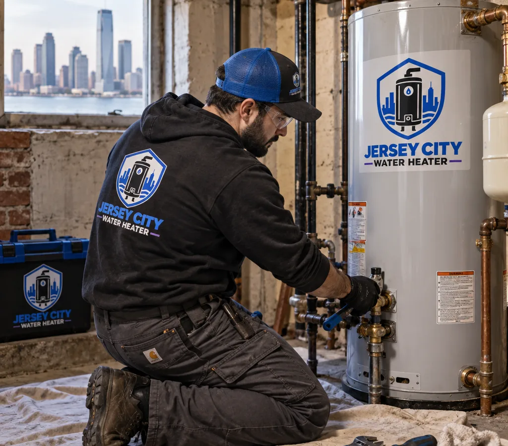 Licensed technician servicing a residential water heater in a compact Hoboken utility space with tools and a drop cloth