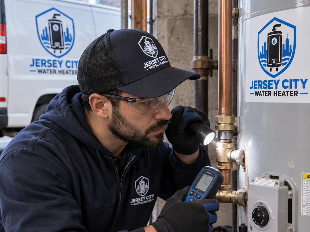 Technician inspecting water heater controls and checking piping connections for leaks with a flashlight and moisture meter