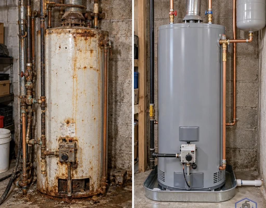 Before and after comparison of a corroded tank replaced with a cleanly piped new heater and drain pan