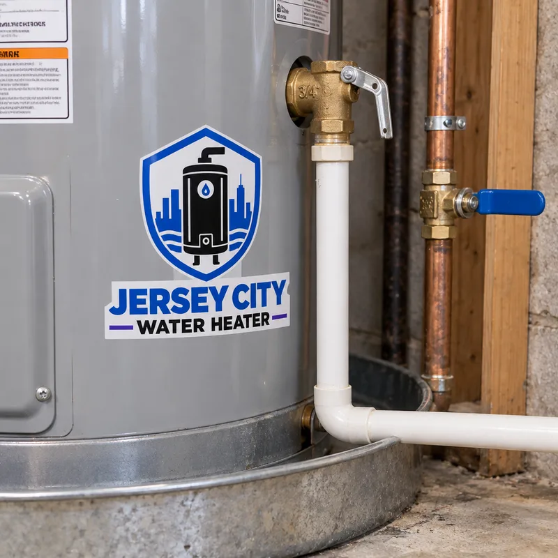 Correctly installed water heater with a routed T and P relief discharge pipe, shutoff valve, and drain pan