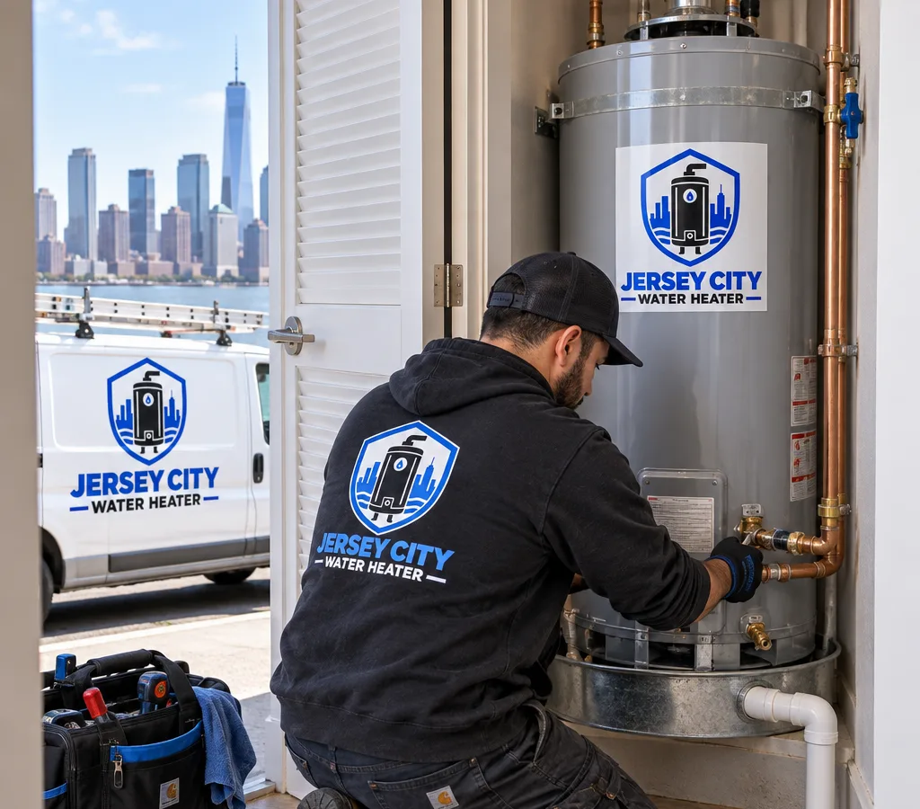 Plumber installing a modern tank water heater in a tight Hudson County utility closet with a drain pan and neatly routed piping