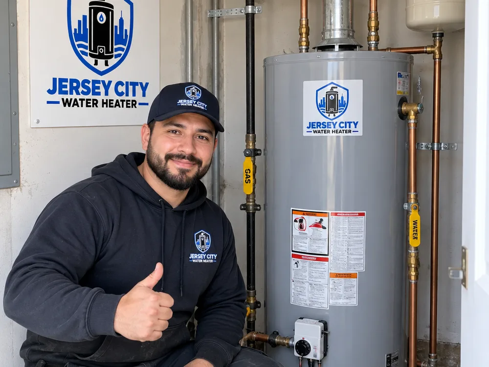 New tank water heater with neatly secured venting, labeled shutoff valves, and clear service access