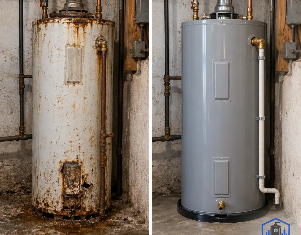 Old corroded tank water heater replaced by a new unit with tidy connections and relief discharge piping