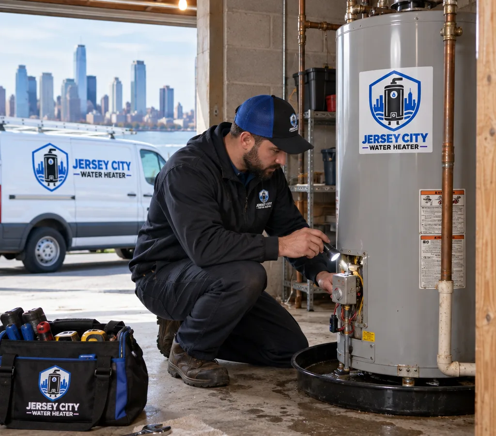 Uniformed technician inspecting a residential water heater with tools and a drip pan in a utility area