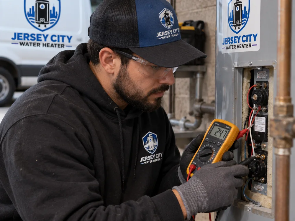 Technician using diagnostic tools to test water heater controls and components