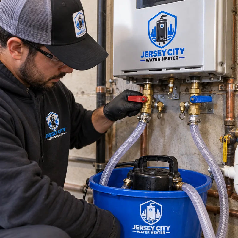 Tankless isolation valves and service ports connected for a safe flushing and descaling procedure