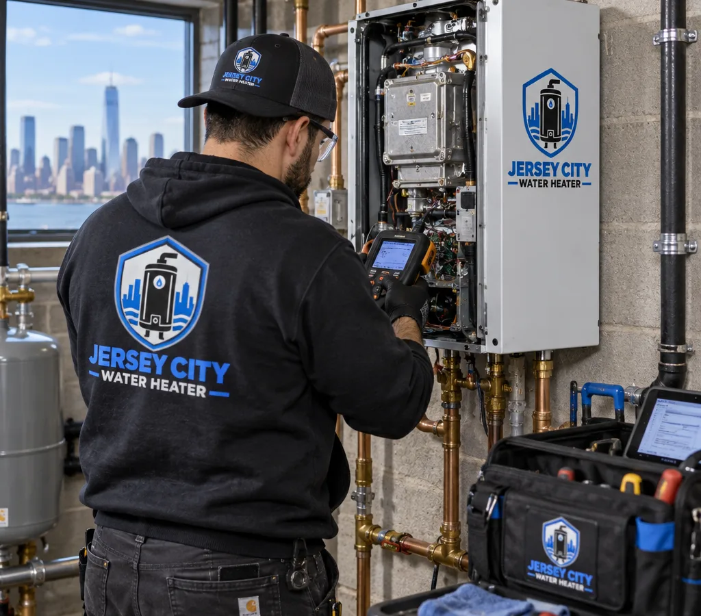 Technician safely servicing an open wall-hung tankless water heater in a North Bergen mechanical room