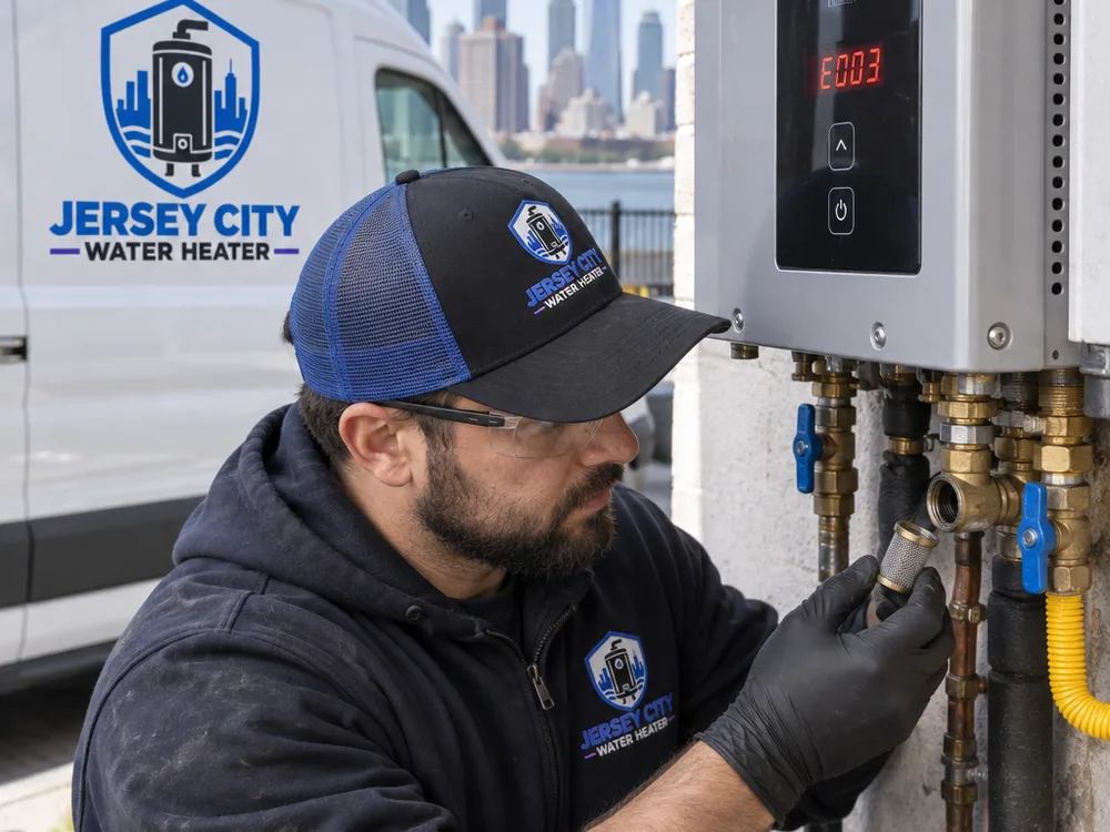 Tankless water heater displaying an error code while a technician checks the inlet screen and isolation valves