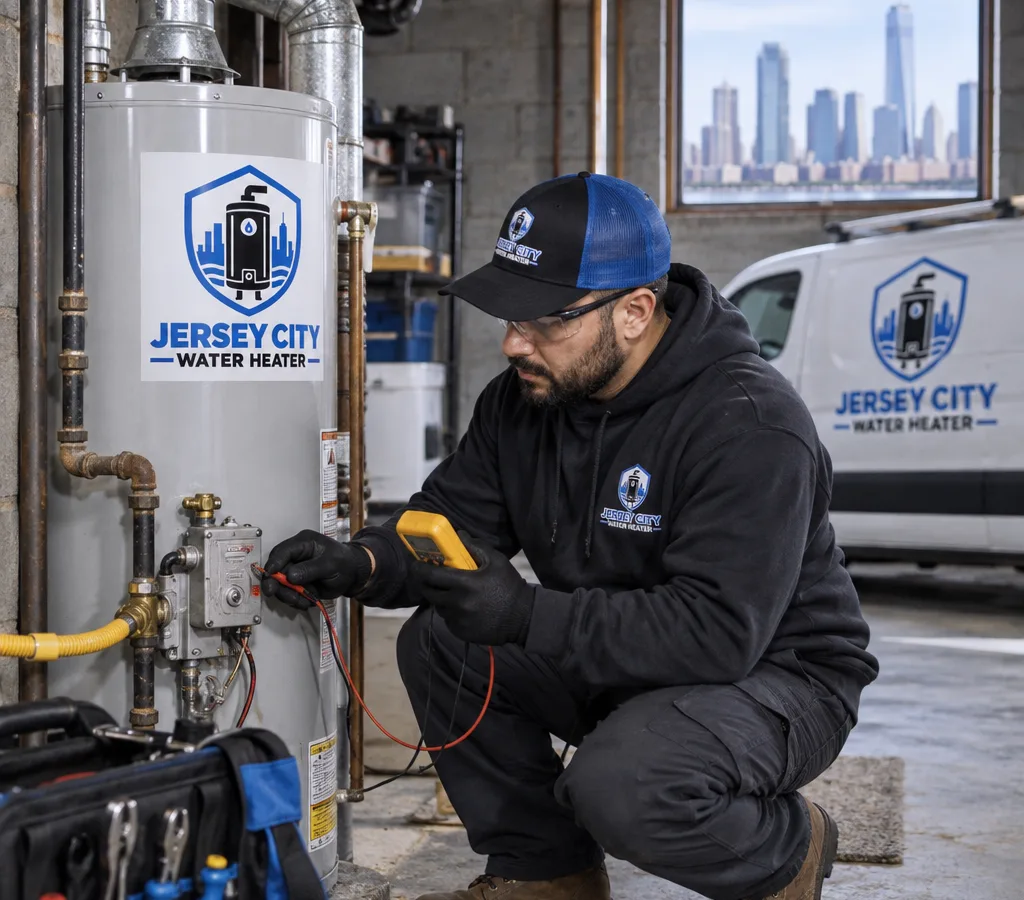 Technician inspecting a residential water heater gas control valve and vent connector in a New Jersey utility room