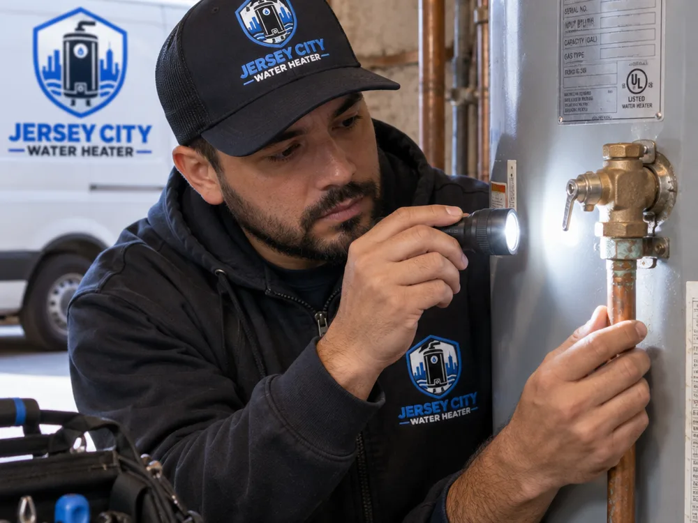 Technician checking a water heater T&P relief valve, discharge pipe, fittings, and equipment label