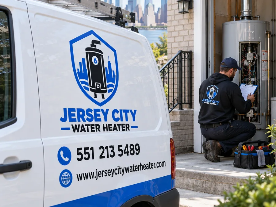 Technician checking open water heater controls and documenting diagnostic findings