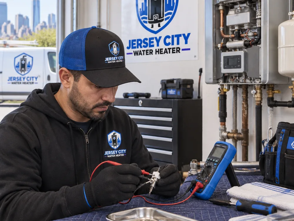 Technician bench-testing a removed tankless water heater component in an organized protected workspace